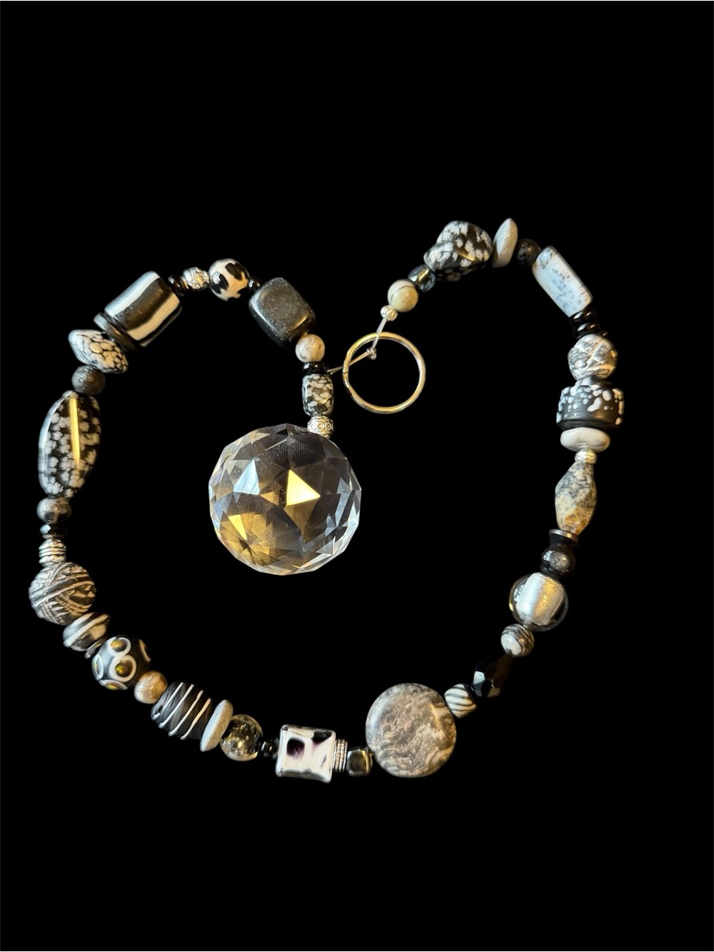 Handcrafted Black and White Beaded Necklace with Faceted Crystal Pendant